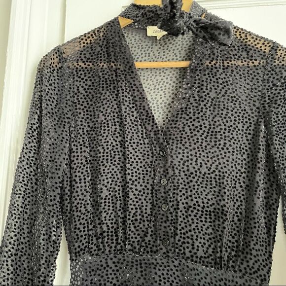 L'AGENCE Alesia Flocked Tie Neck Dress in Navy - Picture 5 of 12